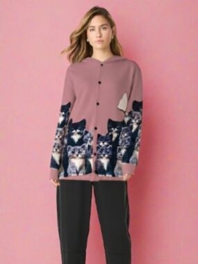Pink Hooded Cardigan with Cat Print